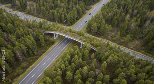 Aerial Perspective of Highway Wildlife Crossing Between Forests