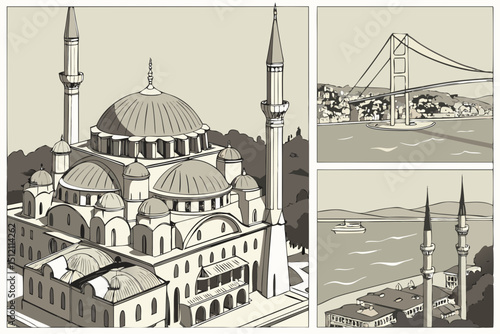 Vector Aerial view historic cityscape featuring iconic architecture and bridges