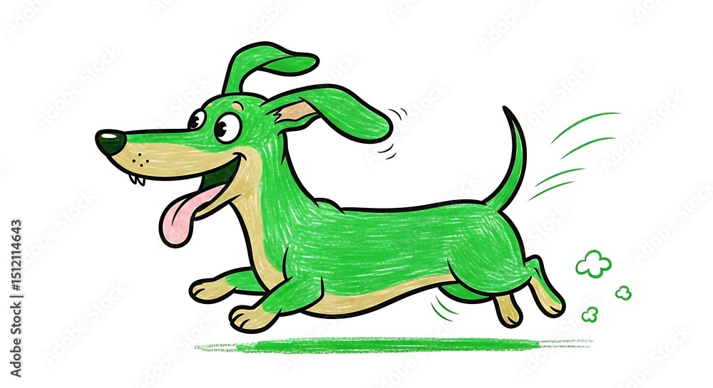 Fototapeta premium Joyful Green Dachshund Cartoon Running with Motion Blur