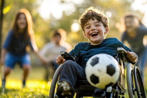 Boy in Wheelchair Playing Football Outdoors