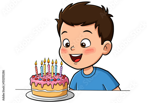 A vibrant illustration of a young child with brown hair, dressed in a yellow shirt, enthusiastically blowing out candles on a colorful birthday cake.