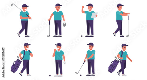 Wallpaper Mural A series of eight distinct illustrations showcasing a male golfer in various poses related to playing golf. Torontodigital.ca