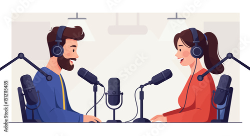 illustration featuring two individuals, a young man and an older woman, each seated at a desk with a microphone and headphones, engaged in what appears to be a podcast recording or broadcast.