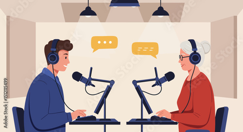 illustration featuring two individuals, a young man and an older woman, each seated at a desk with a microphone and headphones, engaged in what appears to be a podcast recording or broadcast.