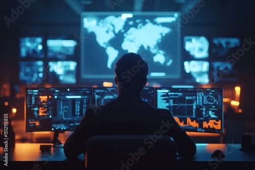 Cybersecurity analyst in dark control room with glowing monitors