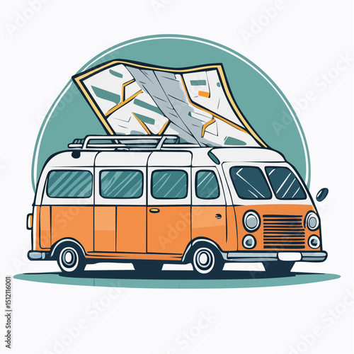 Exploration Van with Map and Compass – Adventure Vector Art