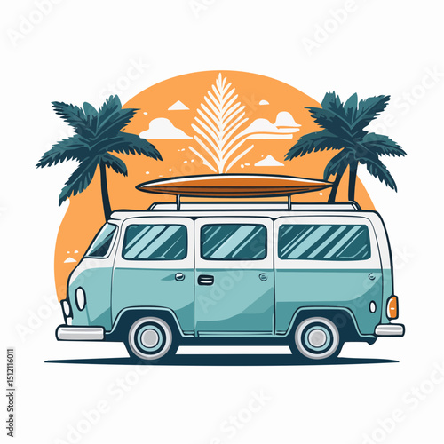 Surf Kombi with Palm Trees – Tropical Road Trip Vector