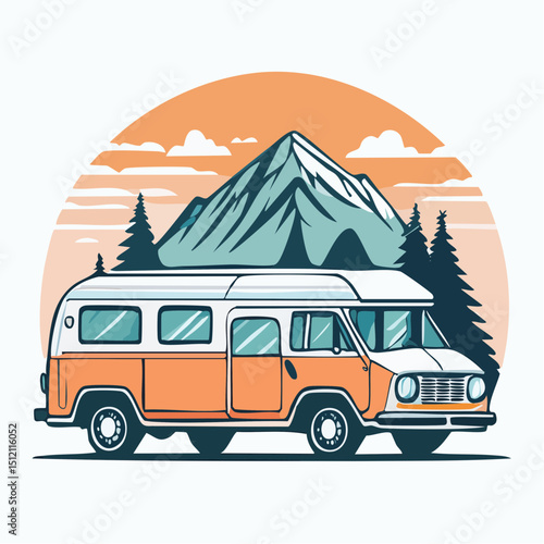 Camping Van at Sunset with Mountains – Scenic Travel Vector