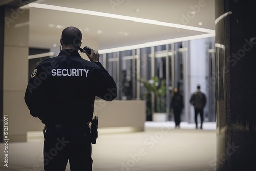 Male Security Officer Talking on Radio in Office Lobby