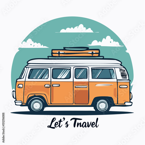 Retro Camping Van with Roof Luggage – Let's Travel Vector