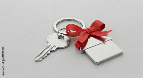 Silver key with house keychain and red ribbon on grey background  