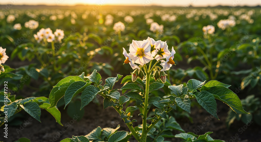 Fototapeta premium Flowering potato plant in field during sunset with sunlight glow 