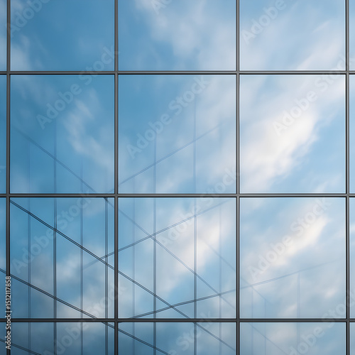 Photo of Sky and clouds reflecting in a glass window of a modern building texture
