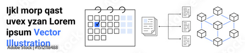 Calendar with marked date connected to documents and cube network representing workflow. Ideal for planning, organization, productivity, workflow, scheduling, team collaboration, simple landing page