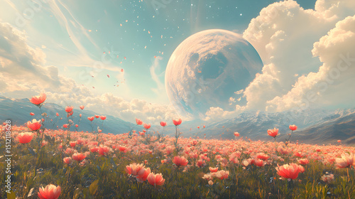 Surreal world with a blossoming meadows horizon, filled with backlit, illustrating clarity