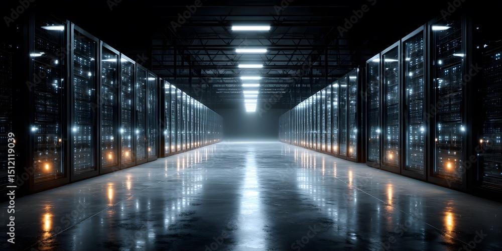 Obraz premium Perfectly symmetrical rows of cool blue LED server lights recede into a central vanishing point within a vast, dark server room, creating converging lines framed by deep black space.