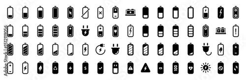 Battery icon set in black color for user interface. Battery charge level indicator collection. Vector illustration.