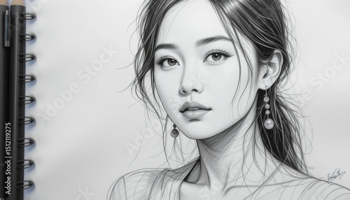 Realistic Pencil Drawing of a Young Woman with Long Hair and Earrings Artistic Portrait Sketch