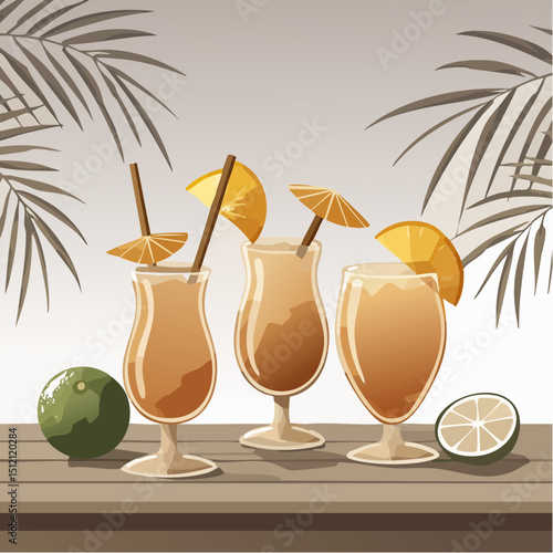 Vector art of summer cocktails—mojito, piña colada, margarita—in vibrant glasses with fruit garnishes, ice, citrus slices, palm leaves on a beachy wood table. Tropical vibe!