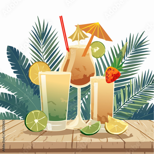 Vector art of summer cocktails—mojito, piña colada, margarita—in vibrant glasses with fruit garnishes, ice, citrus slices, palm leaves on a beachy wood table. Tropical vibe!