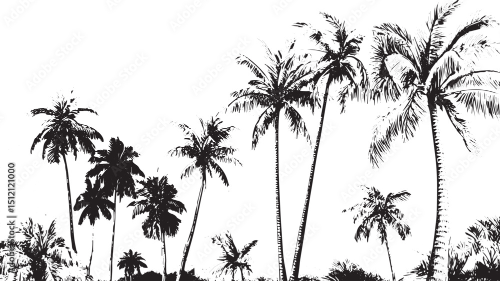 Fototapeta premium simple single palm tree silhouette, Palm tree silhouette on the beach by the sea for summer vacation Palm tree, coconut tree silhouette vector illustration, transparent background.