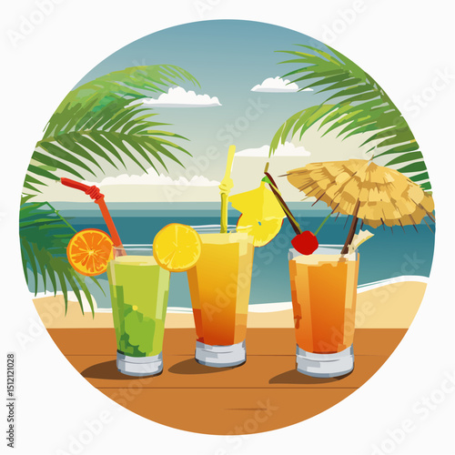Vector art of summer cocktails—mojito, piña colada, margarita—in vibrant glasses with fruit garnishes, ice, citrus slices, palm leaves on a beachy wood table. Tropical vibe!