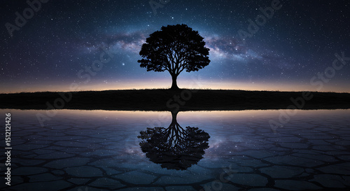 Solitary tree silhouetted against a breathtaking starry night sky mirrored in a calm body of water.