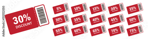 A set of red discount coupons with barcodes, offering various percentages from 5% to 75% off, ideal for promotions, sales, and marketing campaigns.