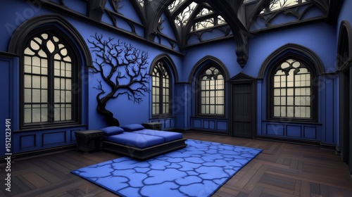 A vibrant blue bedroom features gothic architecture  complete with intricate windows and a unique tree sculpture on the wall  This image is perfect for interior design inspiration or mood boards 