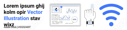 Dashboard with charts and graphs, wearable smartwatch device, and wireless signal. Ideal for technology, connectivity, IoT, data analysis, communication, remote work simple landing page