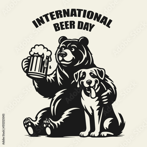 Black and white vintage vector illustration of a bear hugging a dog while holding a beer mug. Flat silhouette style, perfect for celebrating International Beer Day with humor and charm.