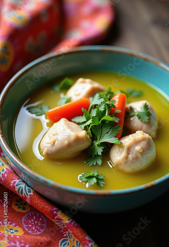 Delicious Savory Broth with Chicken Meatballs, Tender Carrots, and Fresh Parsley Garnishes, Served in a Vibrant Blue-Rimmed Bowl, Perfect for Cozy Meals and Healthy Eating Concepts

