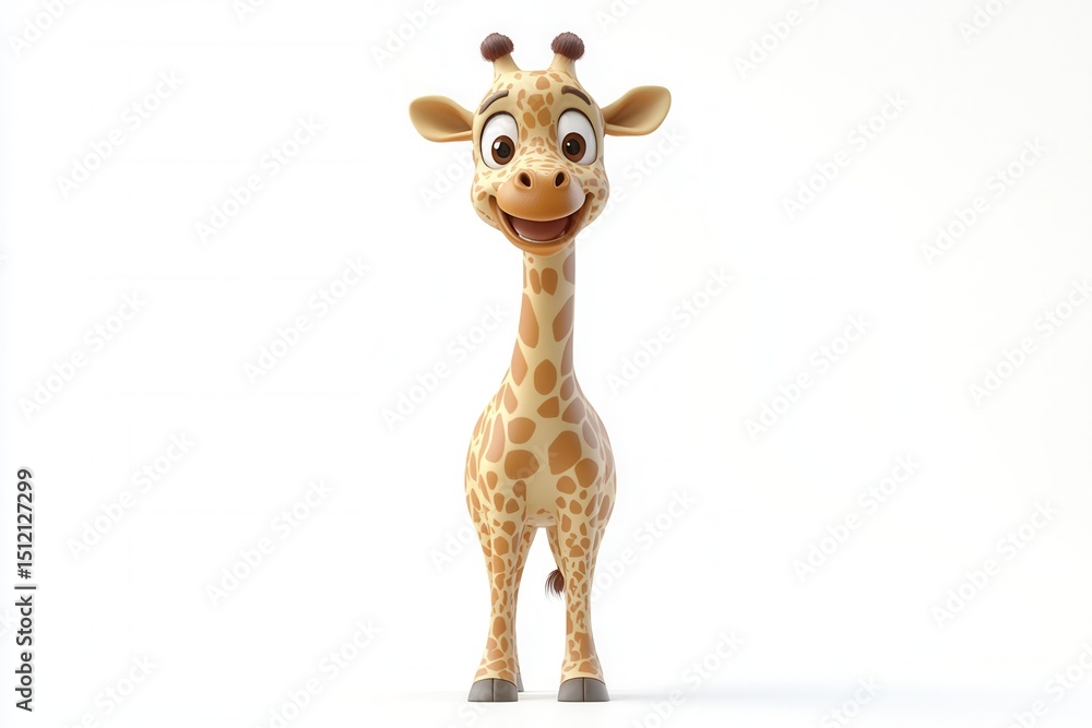Obraz premium A Cheerful Cartoon Giraffe with a Bright Smile Standing Against a White Background, Exuding Joy and Playfulness, Suitable for Children's Illustrations or Animations
