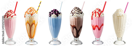 The image shows a row of six colorful milkshakes, each topped with whipped cream, sprinkles, and a straw, against a transparent background, PNG file, perfect for graphic design. 