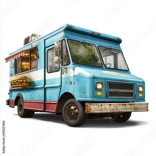 Vintage Food Truck with Delicious Sandwich , white background cut out PNG