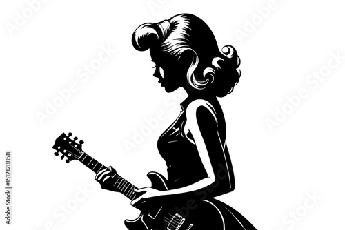 Rockabilly Girl Vector Silhouette with Guitar, 1950s Pinup Hairstyle and Dress