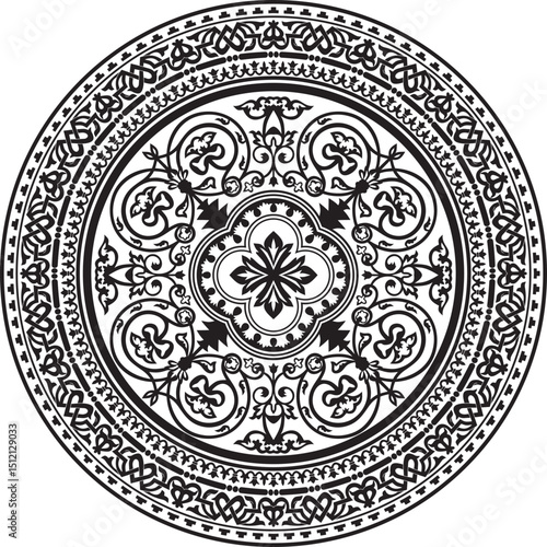 Vector black monochrome stencil round classic byzantine ornament. Circle, ring, border, Ancient Greece, Eastern Roman Empire frame. Decoration of the Russian Orthodox Church
