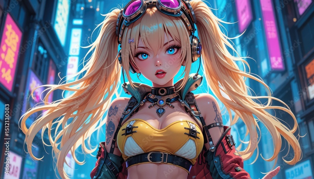 Fototapeta premium Cyberpunk anime girl with blonde hair and goggles