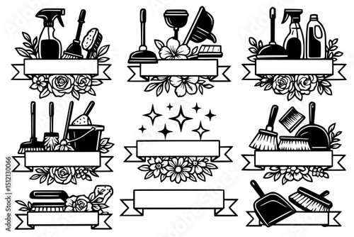 Black and White Cleaning Supplies and Floral Banner Design Set