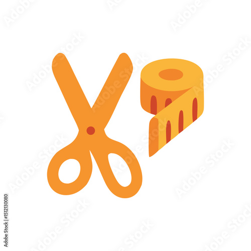 Fashion industry tools a pair of orange scissors and a measuring tape.