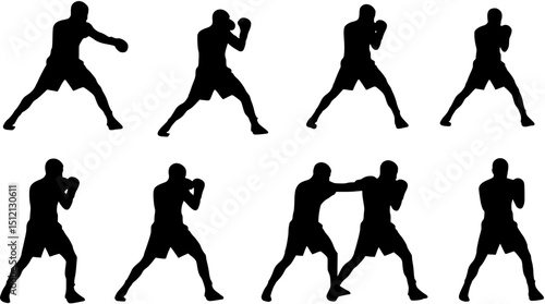 Set of silhouettes of boxer fighting
