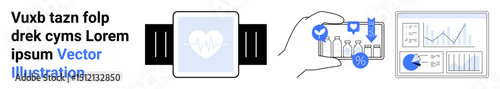 Smartwatch tracking heart rate, mobile displaying fitness goals, and analytics dashboard showcasing health data. Ideal for technology, health apps, fitness, wellness, data visualization, healthcare