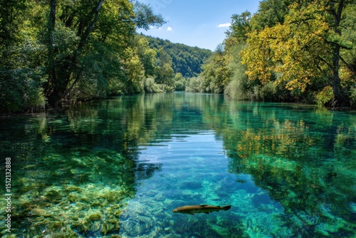 Serene river scene with crystal clear water nature landscape photography tranquil environment daylight natural beauty