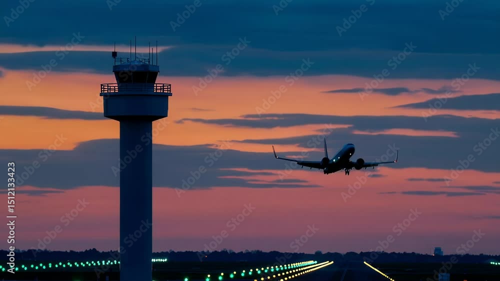 Sunset Departure Near Airport Control Tower Sunset Departure Near Airport Control Tower