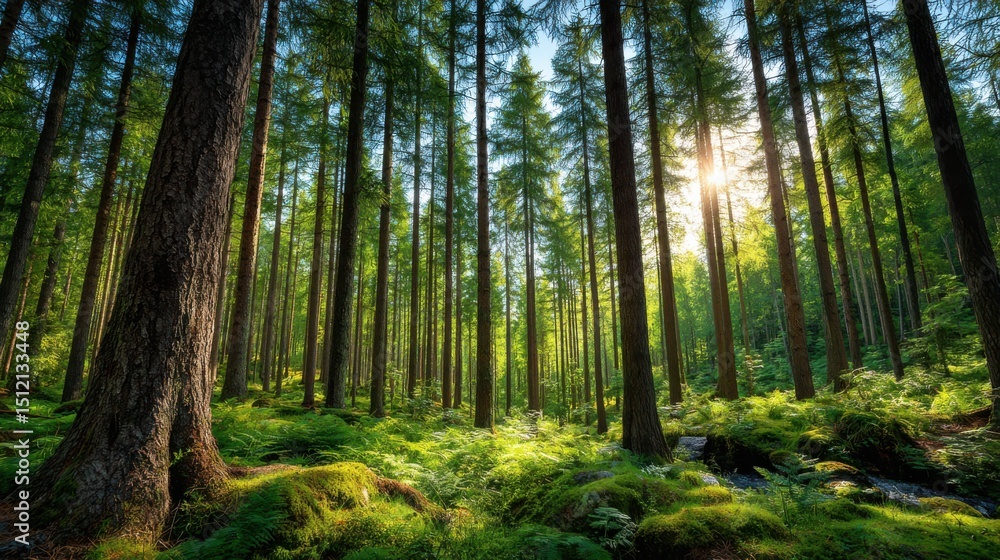 Obraz premium Sunlight filtering through dense forest canopy nature scene tranquil environment lush greenery landscape photography