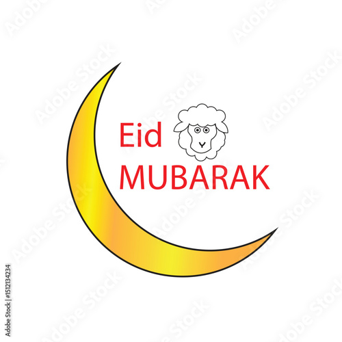 Eid mubarak greeting design with golden crescent moon and sheep head illustration for islamic festival
