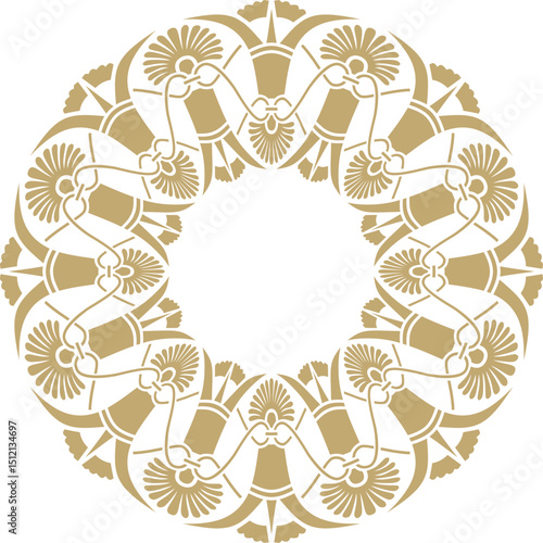 Vector golden classic Greek round ornament. Circle of Ancient Greece and the Roman Empire. Byzantine painting of walls, floors and ceilings. Decoration of European palaces.
