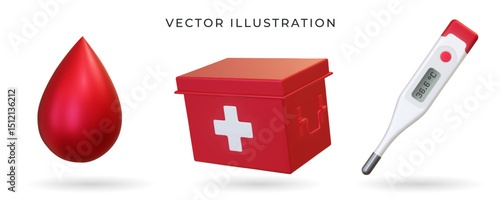 3d Realistic drops of blood, first aid kit box, electronic medical thermometer for measuring isolated on white background. Vector. Advertising for hospital or pharmaceutical company. Sign for pharmacy