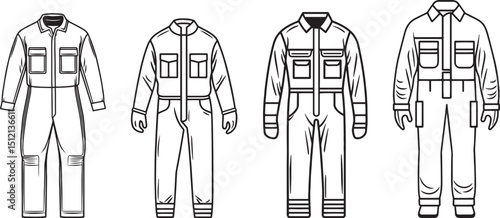 Vector Jumpsuit Illustration Set. Workwear Outline Designs for Fashion and Uniform Concepts