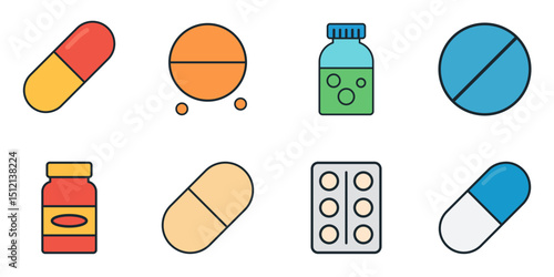 Colorful pharmaceutical icons set with vitamins antibiotics packaging and liquid medicine containers